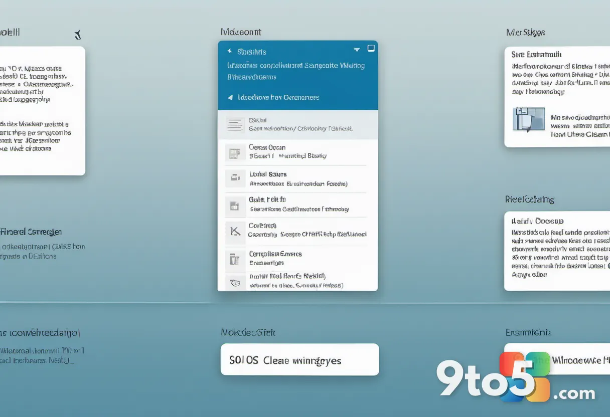 A Windows Search panel showing inline preview cards for a PowerPoint slide, a Word document, and a photograph stacked ve