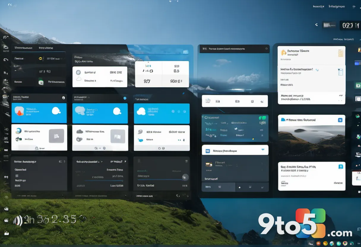A Windows Search panel displaying rich web answer cards for weather, a stock price, and a landmark fact, with a dark-mod