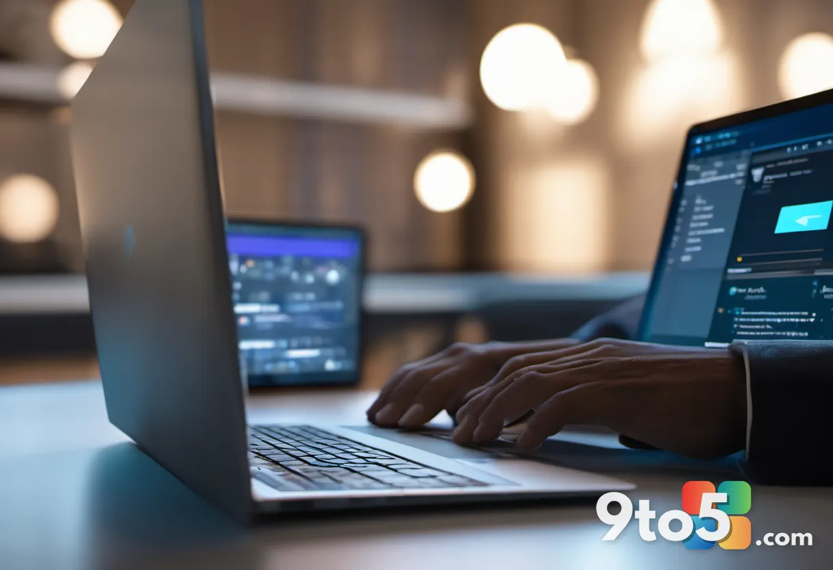A developer's hands typing on a laptop keyboard with a Windows app interface visible on screen, warm office lighting, fo