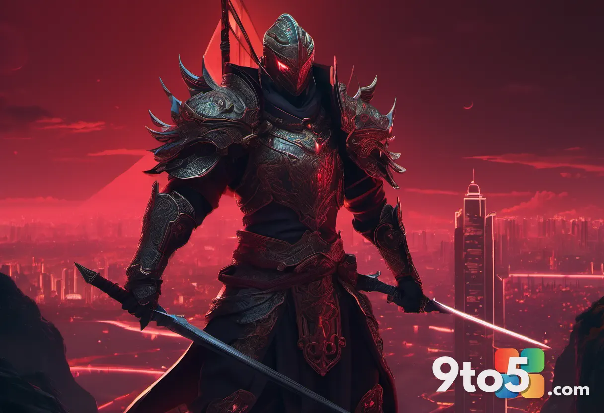 Dark, atmospheric fantasy artwork of a warrior in ornate armor wielding a glowing weapon against a crimson Chinese-mytho
