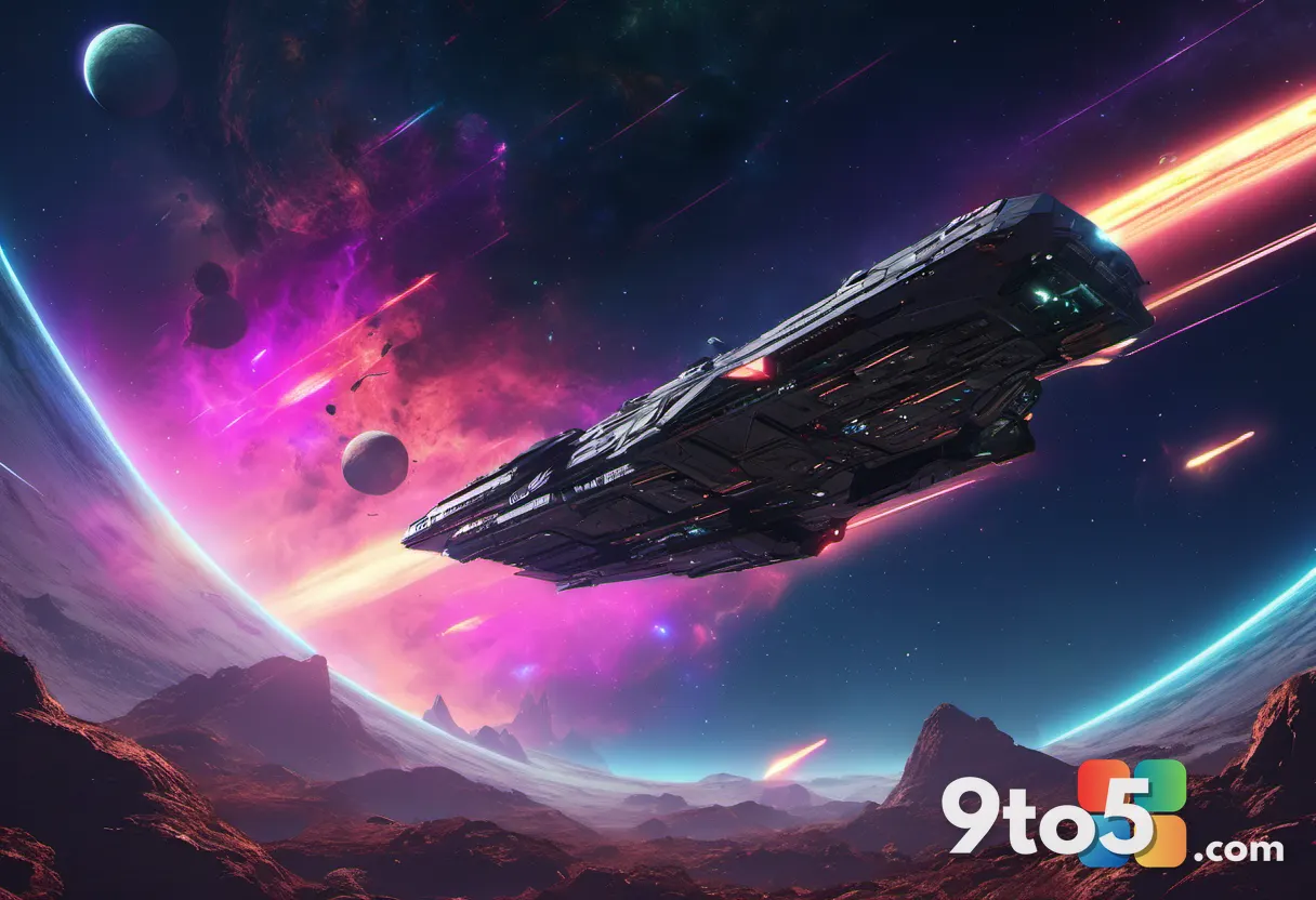 A lone spaceship firing lasers across a starfield filled with colorful nebulae and debris, dramatic space combat scene, 