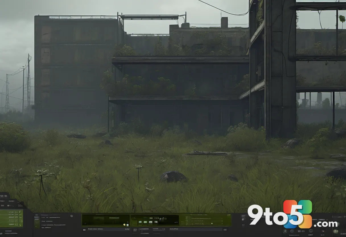 A desolate, atmospheric post-apocalyptic wasteland under a brooding grey sky, rusted Soviet-era structures overgrown wit