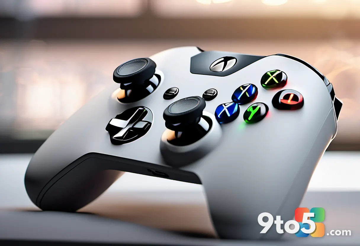 Close-up of hands gripping a white Xbox controller, soft bokeh of a TV screen showing a game menu behind it, warm room l