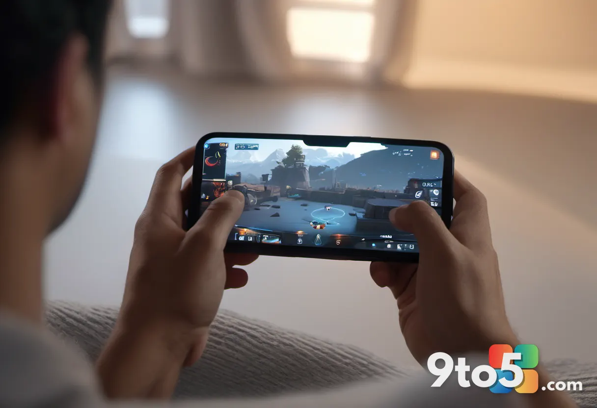 A person holding the small white controller comfortably with one hand while streaming a game on a smartphone, cozy livin