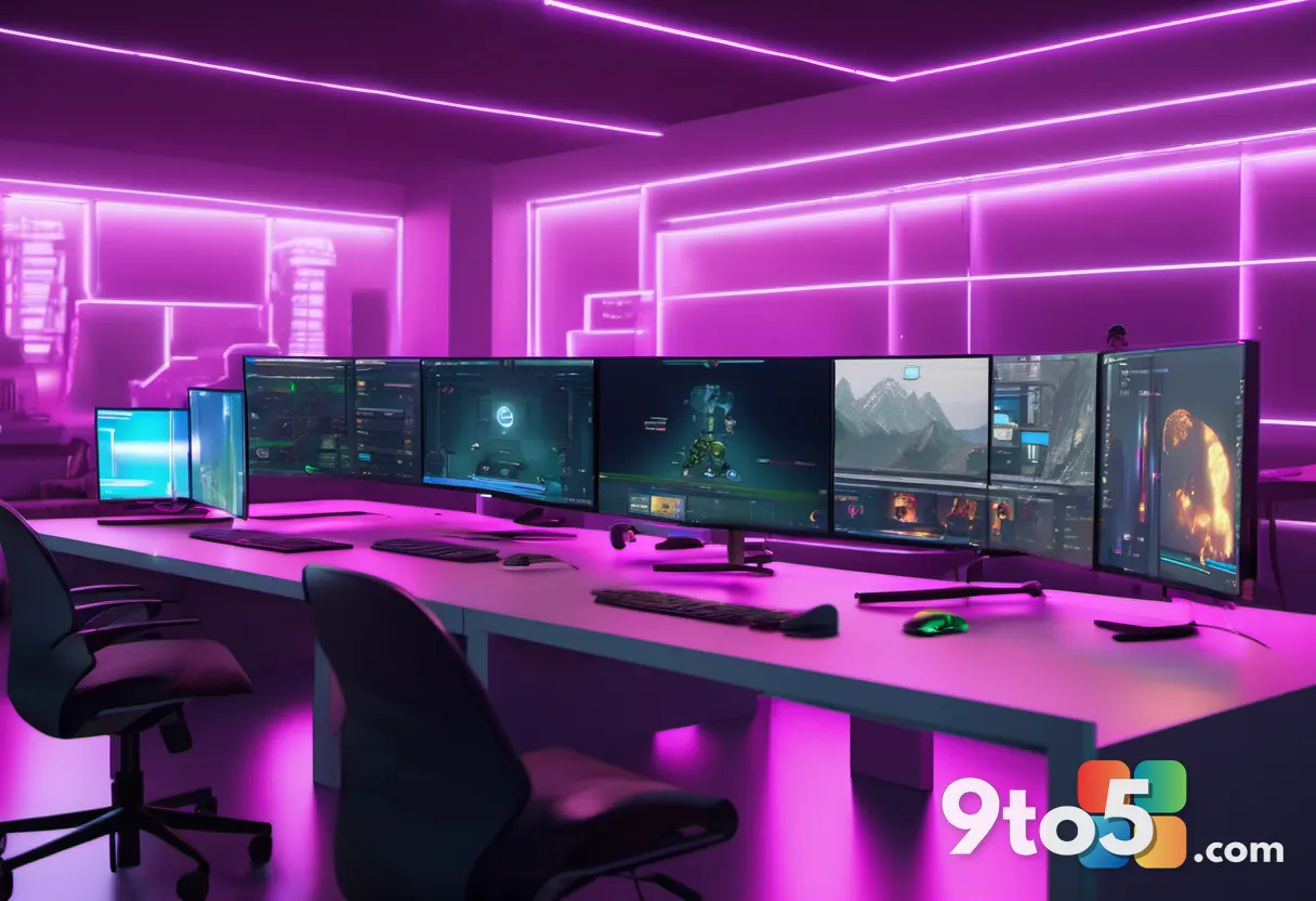 Multiple independent game studios collaborating around a large table with glowing holographic Xbox controllers, diverse 