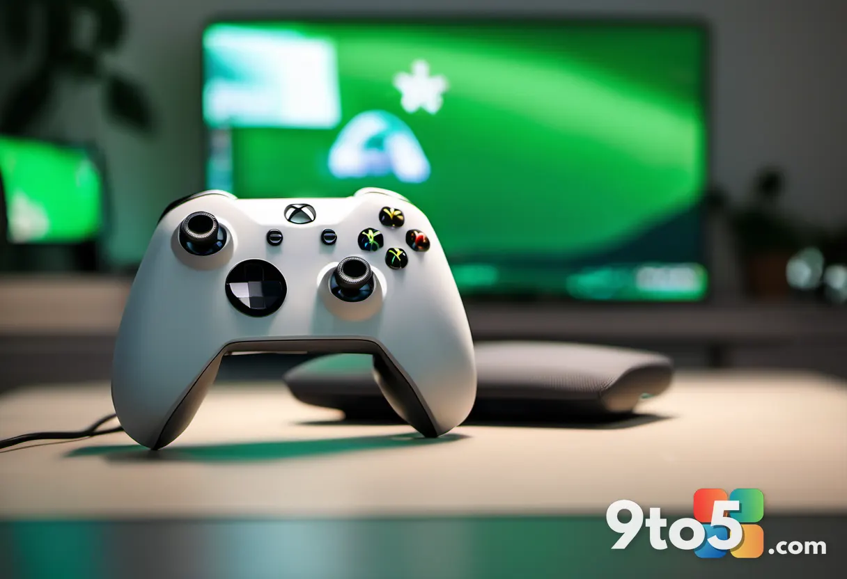A gamer's hands gripping a white Xbox controller in a dimly lit living room, soft green ambient glow, cozy atmosphere, s