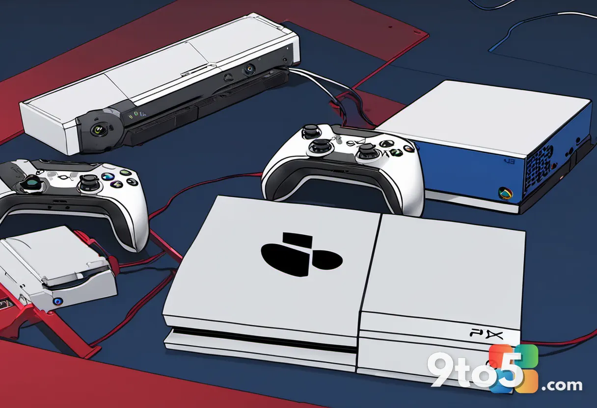 A split-screen concept showing a PlayStation and Xbox console side by side with a question mark between them, dramatic s